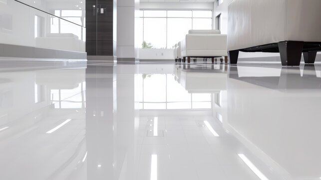 State-of-the-art showroom with epoxy resin flooring, high gloss and perfect coverage, sleek design with modern furnishings, light reflecting off the shiny surface