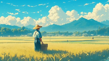 Obraz premium Japanese farmer on rice field anime lofi styel