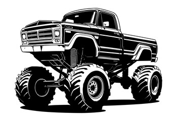 Monster truck with large wheels and elevated suspension, showcasing its rugged design and powerful presence.  Black Vector illustration against white background &yen;