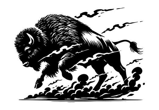  Powerful bison charging, emphasizing movement and strength. black vector illustration against white background &yen;