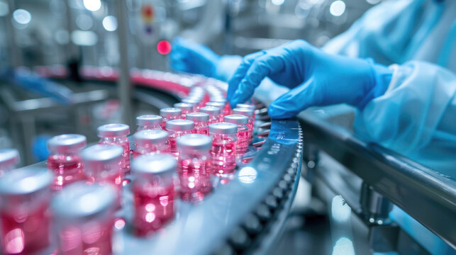 A worker is filling bottles with a clear liquid.