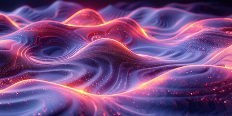 Obraz premium Colorful wavy surface with neon lights and glowing particles, creating a surreal and futuristic vibe.