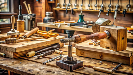 Close-up of a woodworking vise, hammer, and various tools on a workbench, symbolizing hands-on training and DIY skills development in a craft or trade.