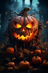 halloween pumpkin with bats and pumpkin, halloween background, generative ai