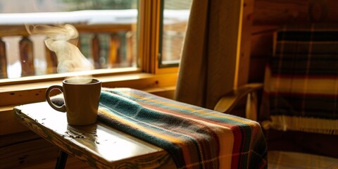 Steaming Cup of Coffee on Wooden Table with Plaid Blanket.