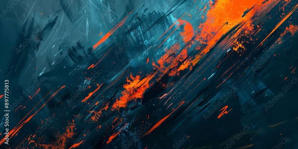 Poster digital artwork with fiery blue and orange streaks in motion, creating an abstract and energetic com