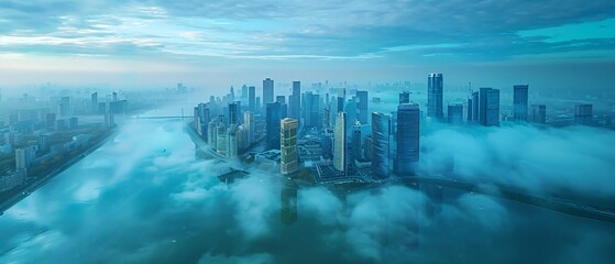 Fototapeta premium Foggy cityscape from above, urban planning.