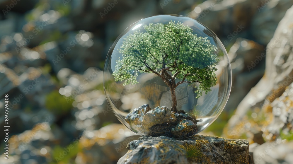 Poster a small tree enclosed in a transparent sphere resting on a rock