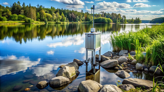 A sleek, silver water quality monitoring station stands alone on a rocky lakeshore, surrounded by serene aquatic plants and calm, reflective water. - Powered by Adobe