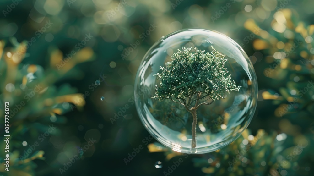 Poster a small tree enclosed within a transparent bubble in a green forest setting