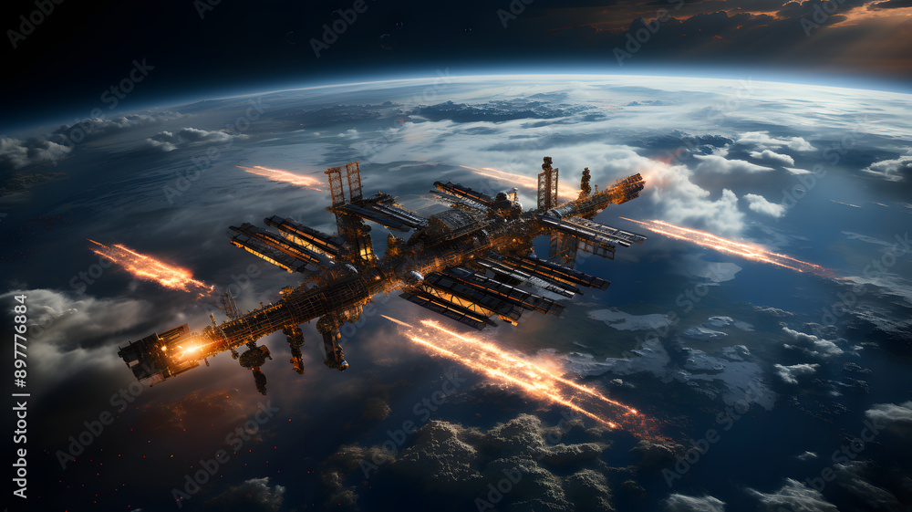 Poster a large, futuristic space station fires its thrusters as it orbits a planet with a cloudy atmosphere