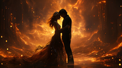 A couple silhouetted against a fiery, ethereal background. The man holds the woman close as they stand on a shimmering surface.