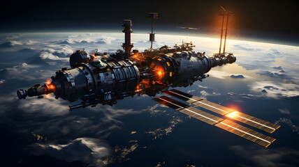 A futuristic spaceship orbits a planet, its solar panels catching the sunlight as it passes over clouds and mountain ranges.