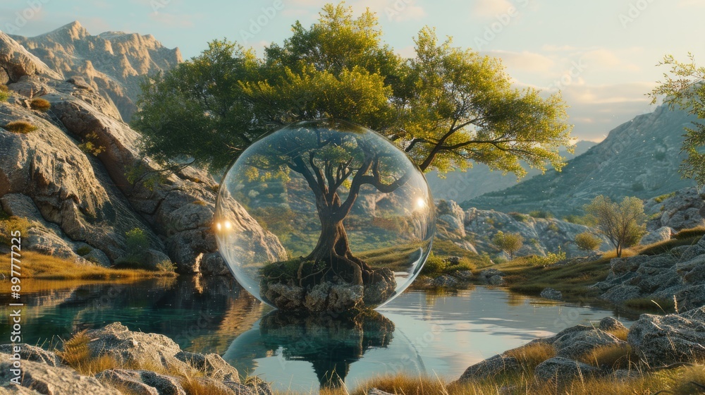 Poster tree encased in a transparent sphere floating on a lake