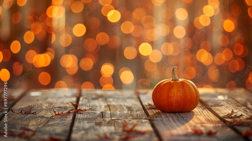 Wall mural Beautiful pumpkin on a wooden floor. Festive Halloween bokeh background with empty space. 