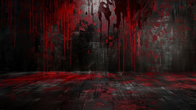 Black blood red horror background Interior room Concrete old wall floor Grunge Product display 3d rendering Empty space For mockup showcase design Stage Dark Spooky creepy Brokencracke 