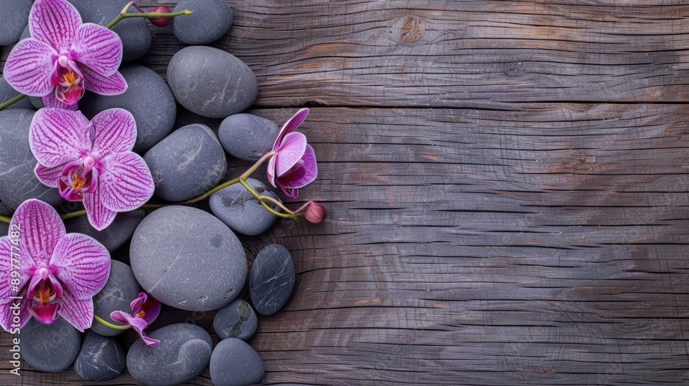 Wall mural Orchids and massage stones on wood