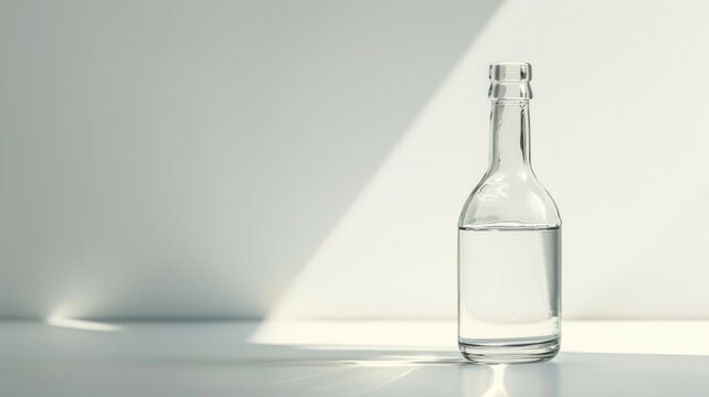 Clear glass bottle illuminated by sunlight, casting shadows