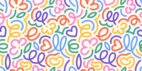 A fun rainbow seamless pattern featuring line doodles.  Funky confetti background. This creative, minimalist art background is perfect for children.  Basic shapes in a simple, playful scribble style.