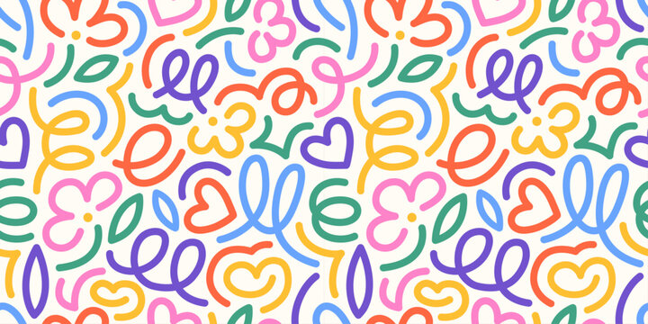 A fun rainbow seamless pattern featuring line doodles.  Funky confetti background. This creative, minimalist art background is perfect for children.  Basic shapes in a simple, playful scribble style.
