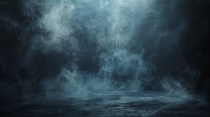Horizontal image of dark and empty space of Studio grunge texture background with spot lighting and fog or mist in background.