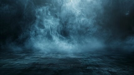 Fototapeta premium Horizontal image of dark and empty space of Studio grunge texture background with spot lighting and fog or mist in background.