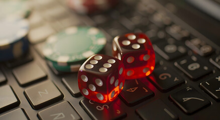 Playing cards and dice scattered around a laptop screen, showcasing online card and dice games.