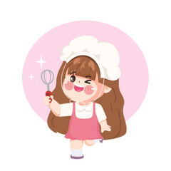 Cute chef woman in uniform character holding a Whisk. Design for sticker label design.	