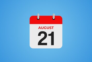 Icon calendar day. 21 August. 21th days of the month, illustration style. Date day of week Sunday, Monday, Tuesday, Wednesday, Thursday, Friday, Saturday. 