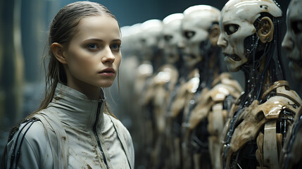 A young woman stands in front of a row of humanoid robots, her expression stoic as she gazes ahead.