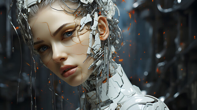 A close-up portrait of a cyborg woman with a metallic and robotic face.  Her eyes gaze intensely and her face is partially covered with wires and circuitry.