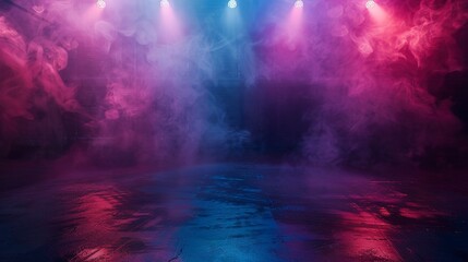 Fototapeta premium Stage light background, Studio room, Entertainment show, smoke, smog, neon spotlights, reflections of rays, concrete floor, interior texture for display products, Night empty stage