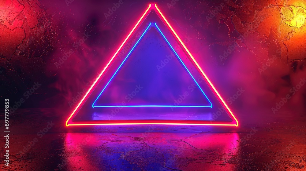 Poster neon lights, spotlights and ray.neon triangle frame with glowing effect on dark background. blank gl