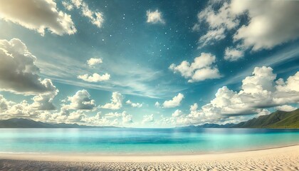  A serene and picturesque beach scene, showcasing a wide stretch of white sandy shore and clear, turquoise ocean waves. The sky above is a bright blue