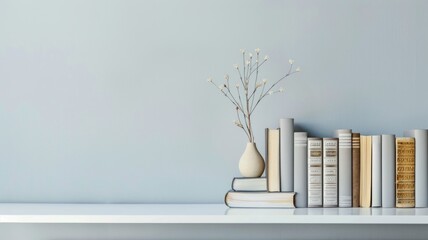 Minimalist white shelf with books and vase against pale blue wall