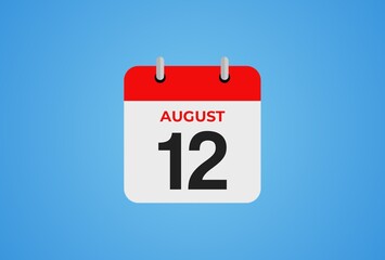Icon calendar day. 12 August. 12th days of the month, illustration style. Date day of week Sunday, Monday, Tuesday, Wednesday, Thursday, Friday, Saturday. 