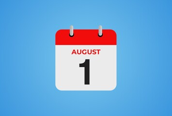 Icon calendar day. 1 August. 1th day of the month, illustration style. Date day of week Sunday, Monday, Tuesday, Wednesday, Thursday, Friday, Saturday. 