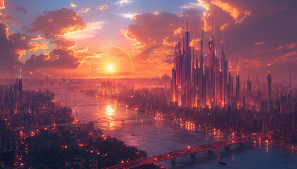 Naklejka premium Cidade Futurista Noturna com Arranha-céus Iluminados e Pontes Panorâmicas IA Generativa