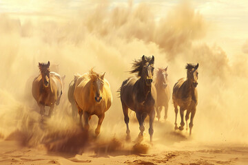 Fototapeta premium Running Horses in a Dust Storm Creating a Dramatic and Powerful Scene