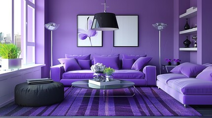 A sophisticated living room designed with a purple color scheme and minimalist decor. The...