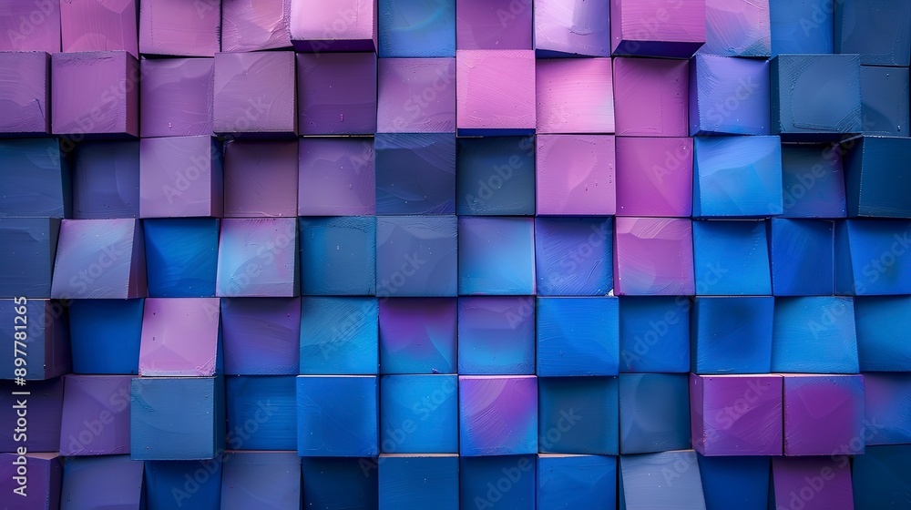Poster a wall made of square tiles with a blue and purple color scheme. the tiles are arranged in a way tha