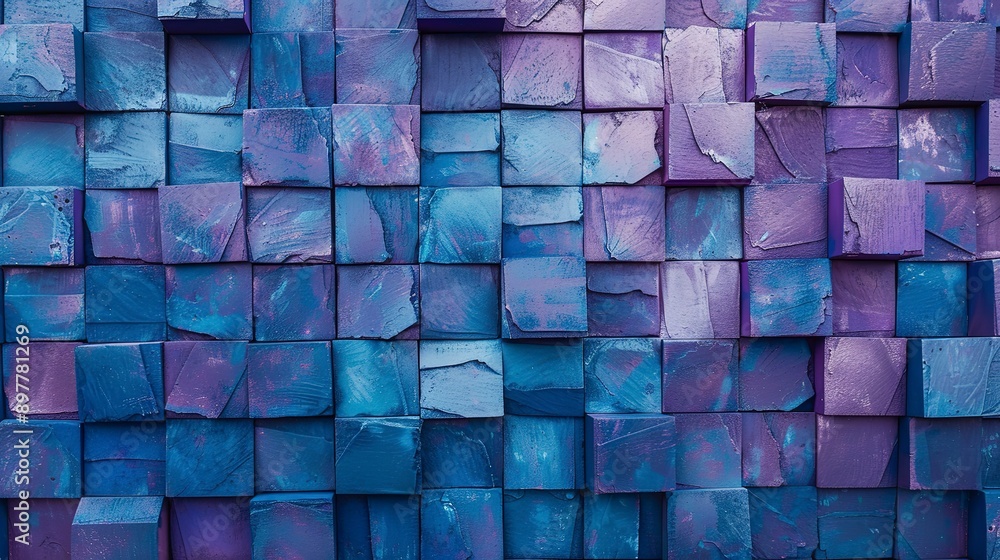 Poster a wall made of square tiles with a blue and purple color scheme. the tiles are arranged in a way tha