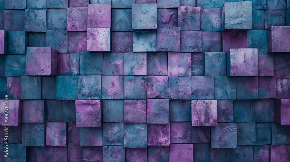 Poster a wall made of square tiles with a blue and purple color scheme. the tiles are arranged in a way tha