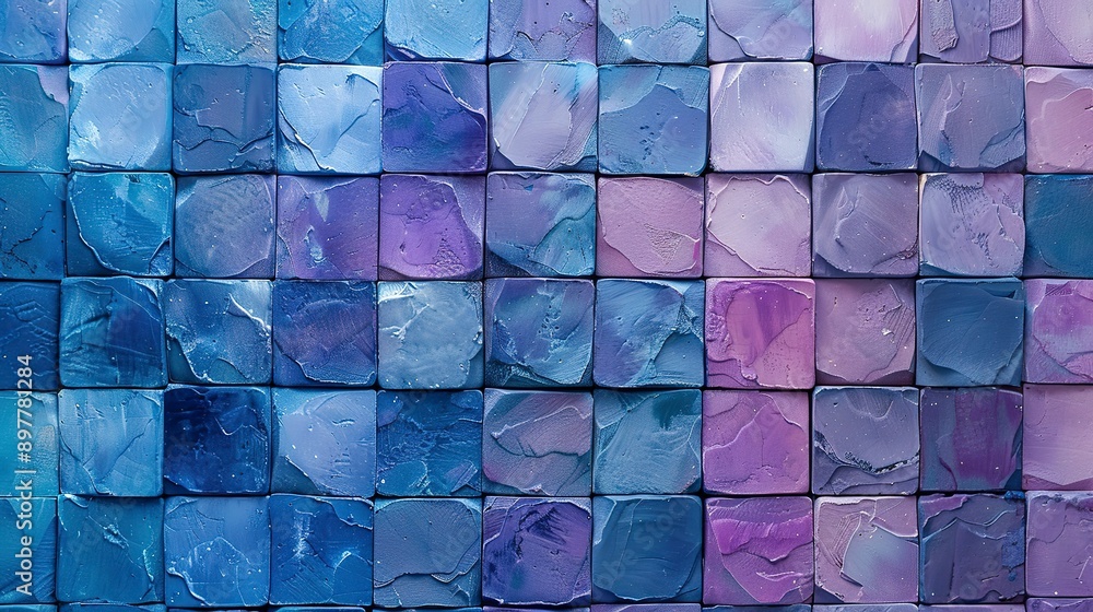 Poster A wall made of square tiles with a blue and purple color scheme. The tiles are arranged in a way that creates a sense of depth and texture. Scene is calm and serene, with the colors