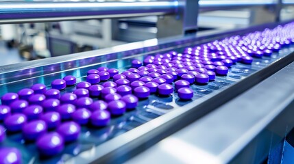 Obraz premium Industrial pharmaceutical production line with a series of purple capsules organized in rows on a conveyor belt 