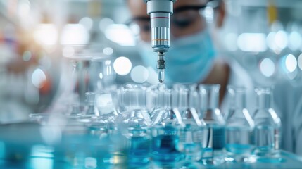 A contemporary laboratory setting featuring a variety of glassware and scientific equipment, showcasing a vibrant and focused environment for research and experiments.