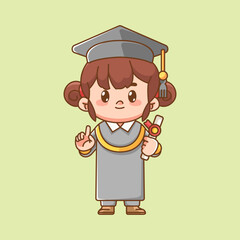 Cute graduation girl hold certificate roll kawaii chibi character mascot illustration outline style design
