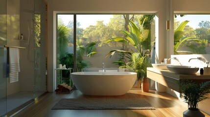 Fototapeta premium high-resolution, ultra-realistic, 4K, cinematic image of a bathroom with new model furniture and with good view 