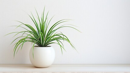 Potted green plant with long leaves on wooden table against plain background
