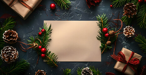 A Christmas tree with a blank piece of paper and pine cones on top of it